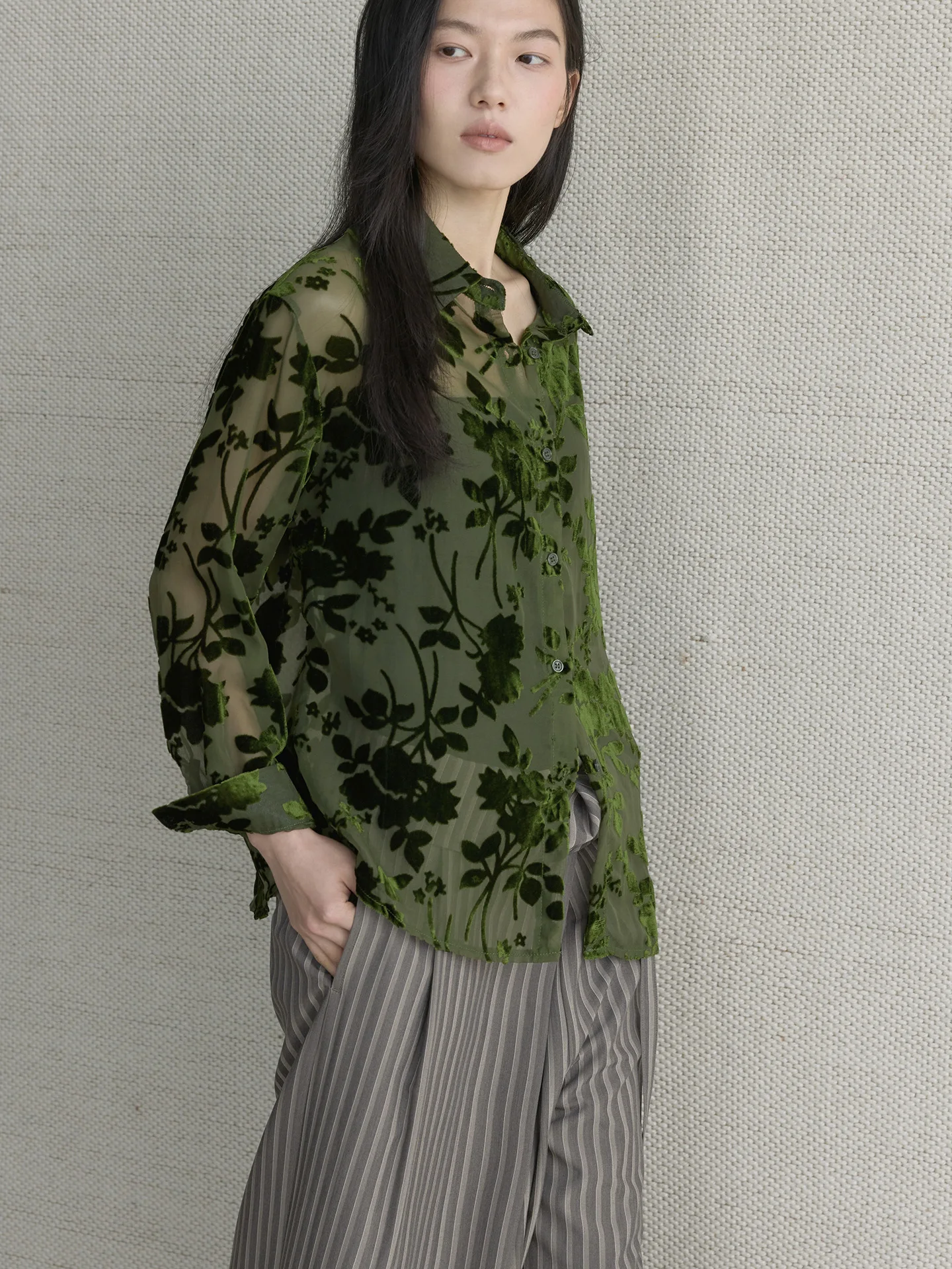 Early Spring New Korean Fresh Forest Plant Printed Transparent Velvet Shirt Soft and Comfortable Top for Women