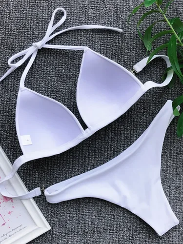 Imagen 2 del producto 2025 Halter Bra Cup Bikini Sexy traje de baño femenino blanco traje de baño mujeres Push up Bikini conjunto brasileño traje de baño Bandeau traje de baño