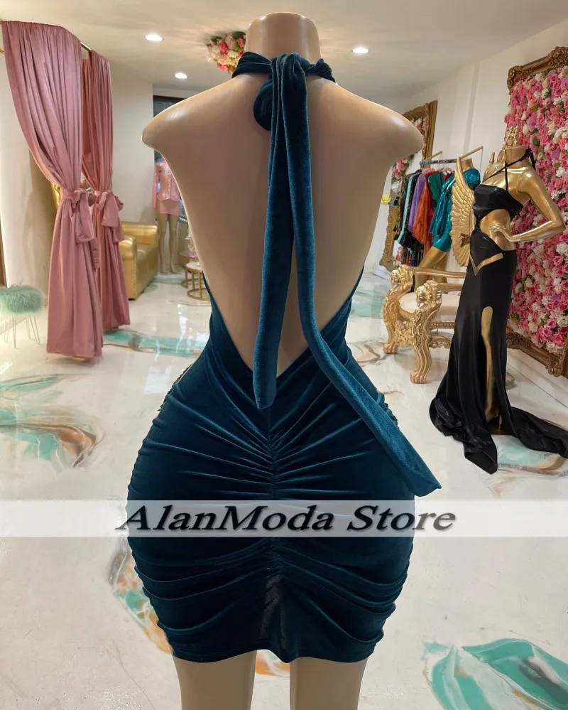 Vestido De Gala Sexy See Through Birthday Dresses Applqiue Beading Lady Party Dress Velvet Halter Short Prom Gowns Customized