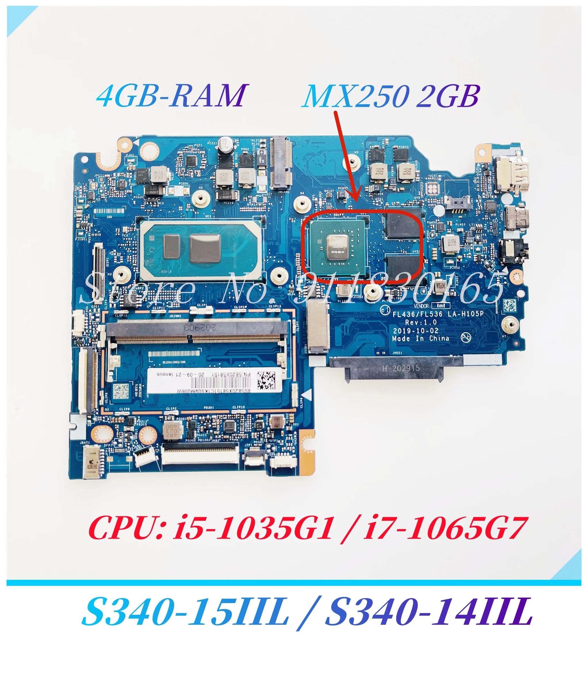 FL436/FL536 LA-H105P For Lenovo Ideapad S340-14IIL S340-15IIL Laptop Motherboard i5-1035G1/i7-1065G7 CPU MX250 2G GPU 4GB RAM