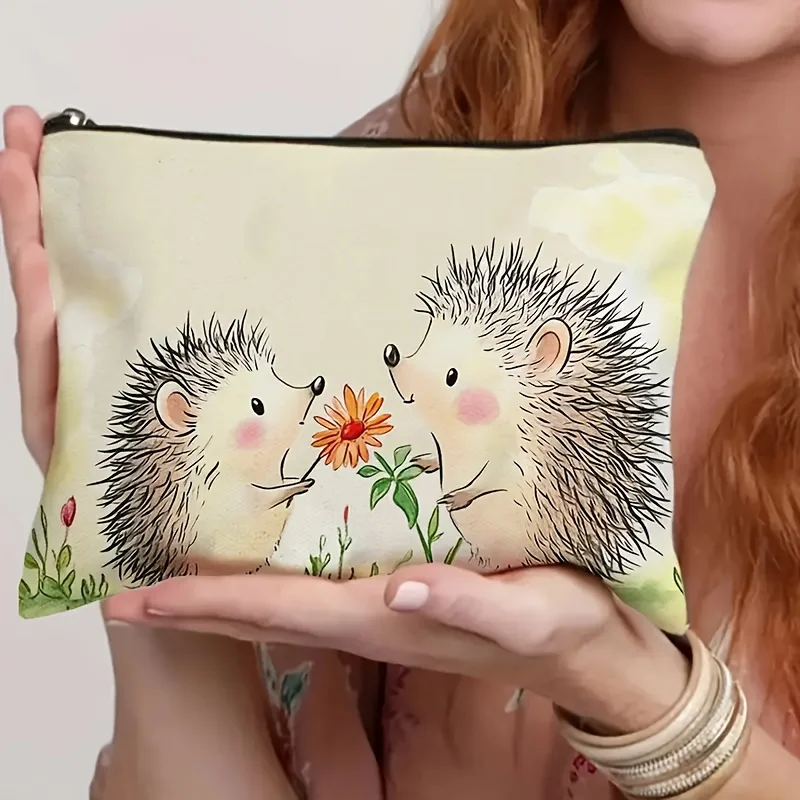 Cute Hedgehog & Floral Design Pouch Lightweight Foldable Travel Cosmetic Bag Zippered Makeup Organizer for Women Toiletry Bags