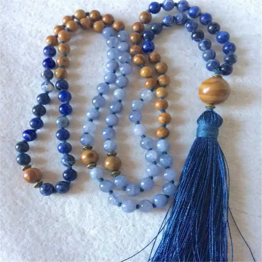 

Natural Lapis Lazuli & Amazonite Mala Beads Necklace 108 Beads with Blue Tassel & Sandalwood Pendant Healing Crystal Jewelry