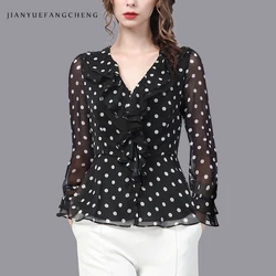 Fashion Women' Black Polka Dots Chiffon Blouse Long Sleeve V-Neck Ruffles Tops Elegant Slim Lightweight Casual Button-down Shirt