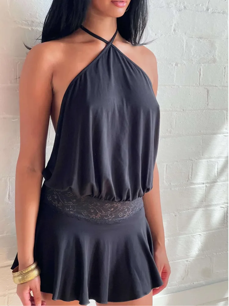 Articat sexy pendurado colarinho sem costas magro conjunto de duas peças para mulheres cor sólida topo mini saia conjunto primavera verão nova férias praia