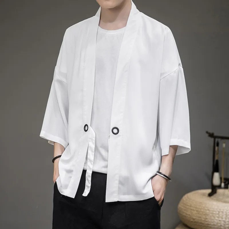 2026 Men Loose Ice Silk Shirt Men Summer Fashion Casual Shirts Lightweight Windproof Sun Protection Drapey Seven-Foot-Sleeve Top