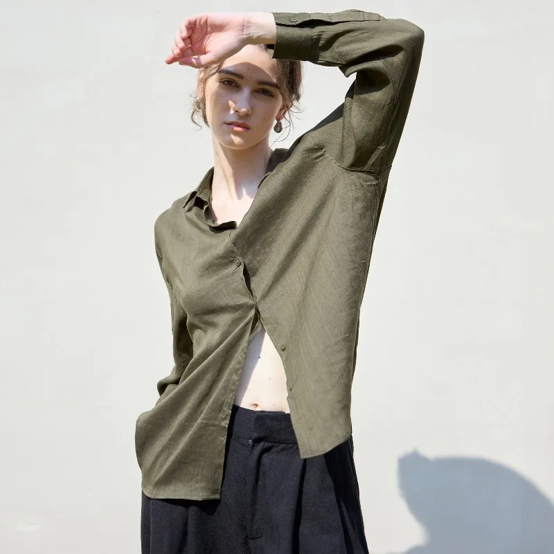 Camicetta vintage retrò da donna in ramie a maniche lunghe con colletto rovesciato monopetto camicie casual larghe e traspiranti alla moda di strada