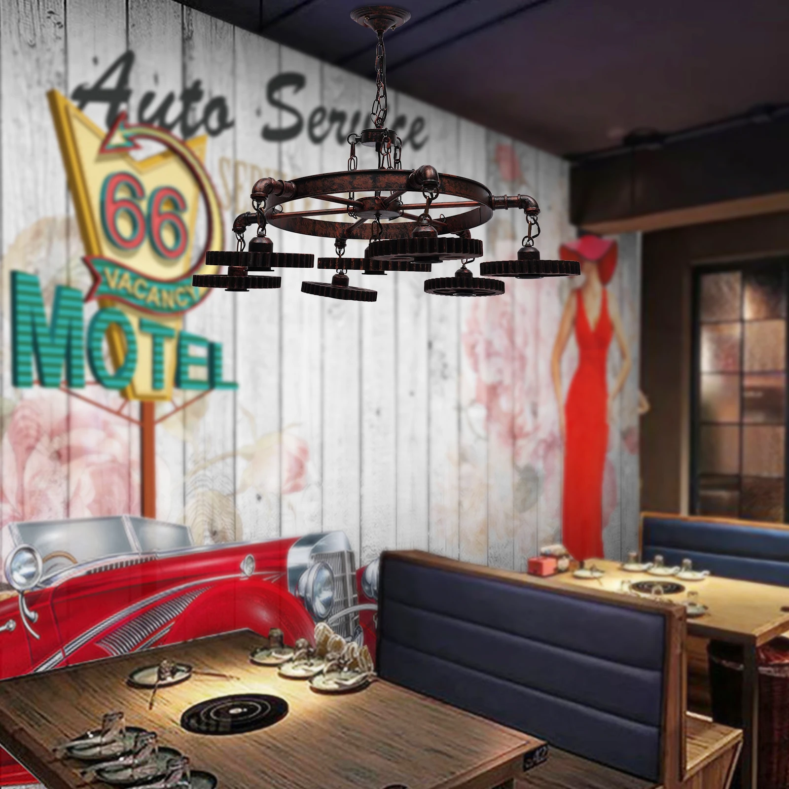 ثريا حديدية دائرية صناعية عتيقة كلاسيكية - مصباح معلق للسقف مقاوم للصدأ بـ 7 أضواء، ارتفاع قابل للتعديل (حتى 19.69 بوصة)