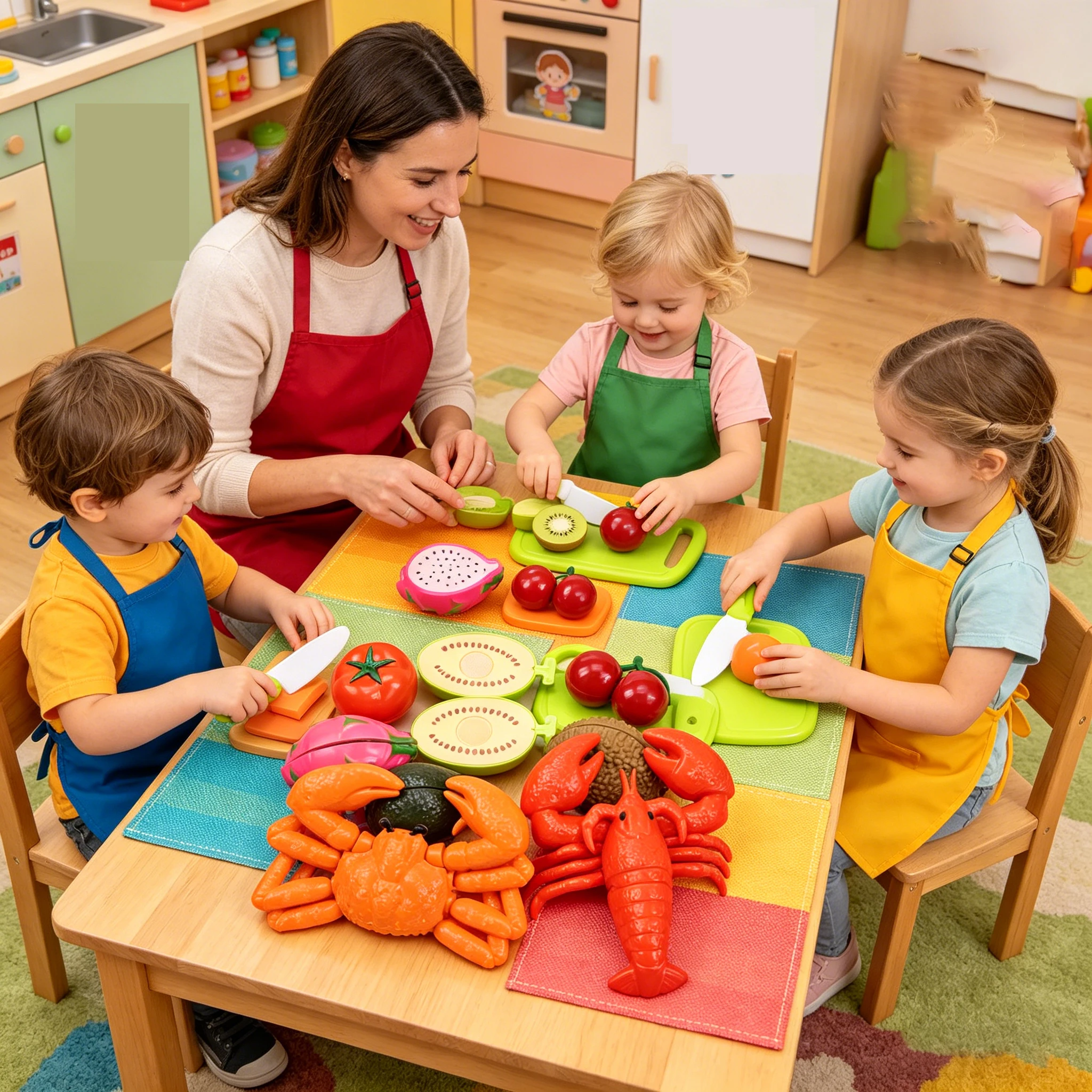 Fun Fruit Cutting Kids Kitchen Set Fruit and Seafood Toys Simulate Lobster King Crab Play House Sets Early Educational Develop
