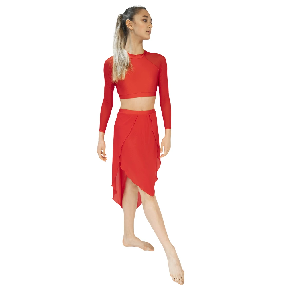 

Red Nylonlycra Long Sleeve Dance Crop Top Mesh Uneven Skirts Performance Dancewear Sets 13 Colors Children Adult Sizes