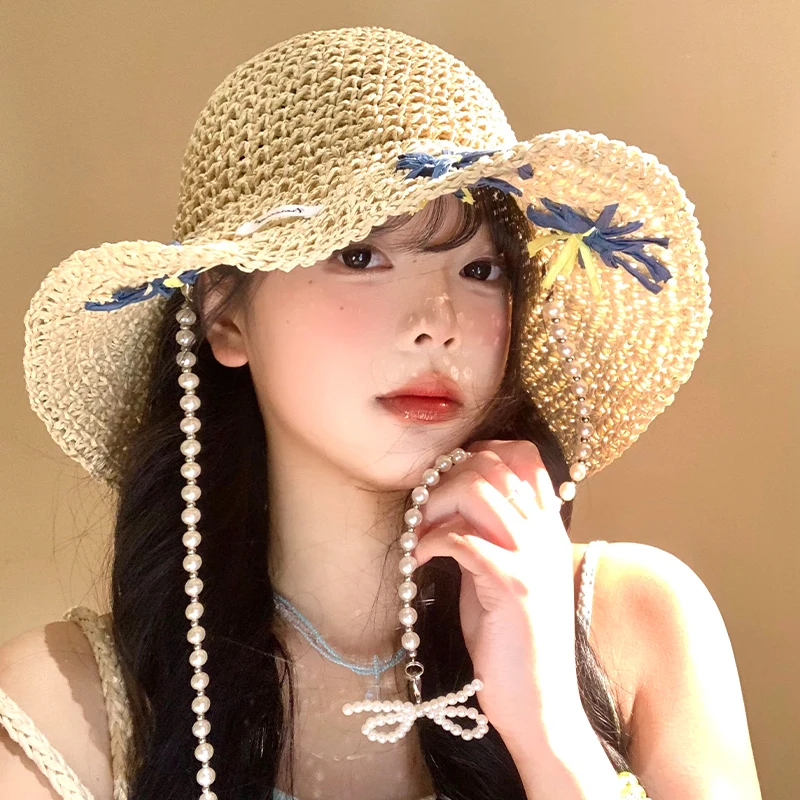 

Korean Fashion Pearl Tassel Strap Flower Hollow Bucket Hats for Women Summer Seaside Vacation Sun Protection Beach Sun Hat