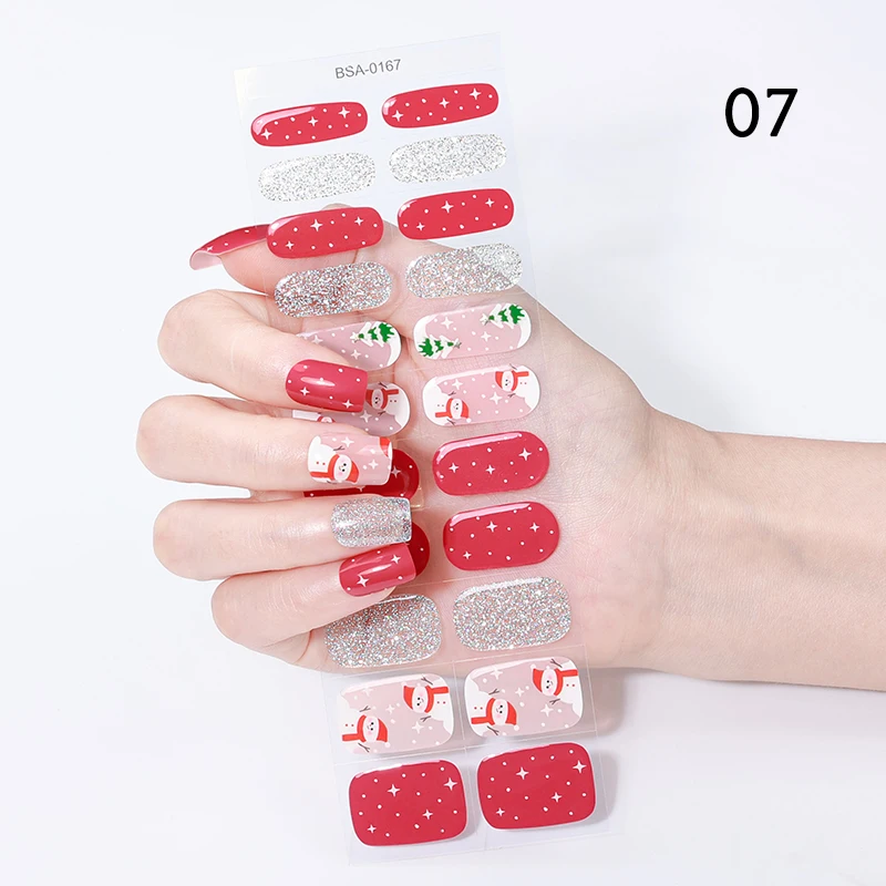 Christmas Nail Gel Stickers UV Free Cured Adhesive Glitter Nail Decals Press ON Nails Cute Snow men Snowflakes French Nail Wraps