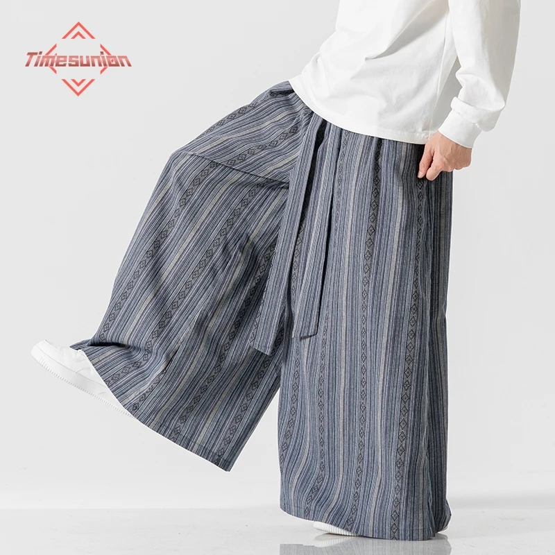 2025 Spring and Autumn Man Pants Japanese Striped Wide Leg Pants Retro Ethnic Style Cotton and Linen Straight Culottes