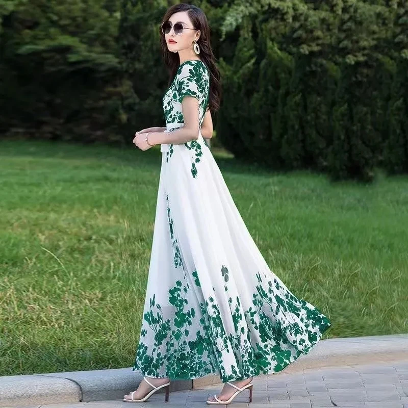 Ink Painting Long-Sleeved Chiffon Dress Women 2023 Spring Summer New Temperament Is Thin and Long Large Swing Holiday Long Skirt