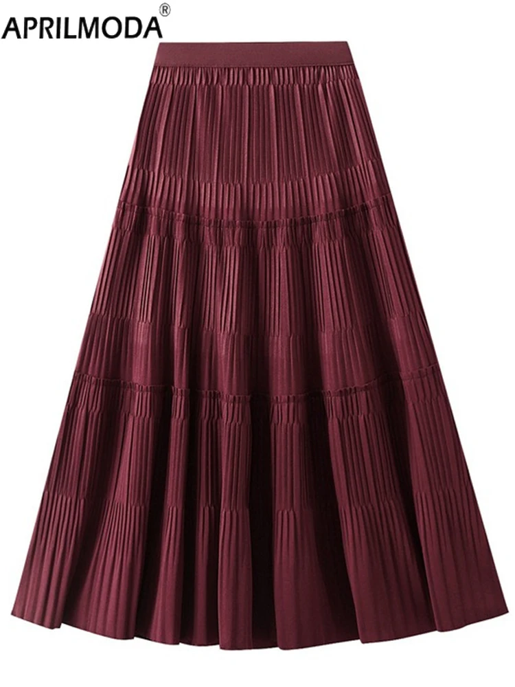 

Autumn A Line Flare Pleated Midi Long Skirt Big Swing Holiday OL Skater High Elastic Waist Office Lady All Match A-Line Skirts