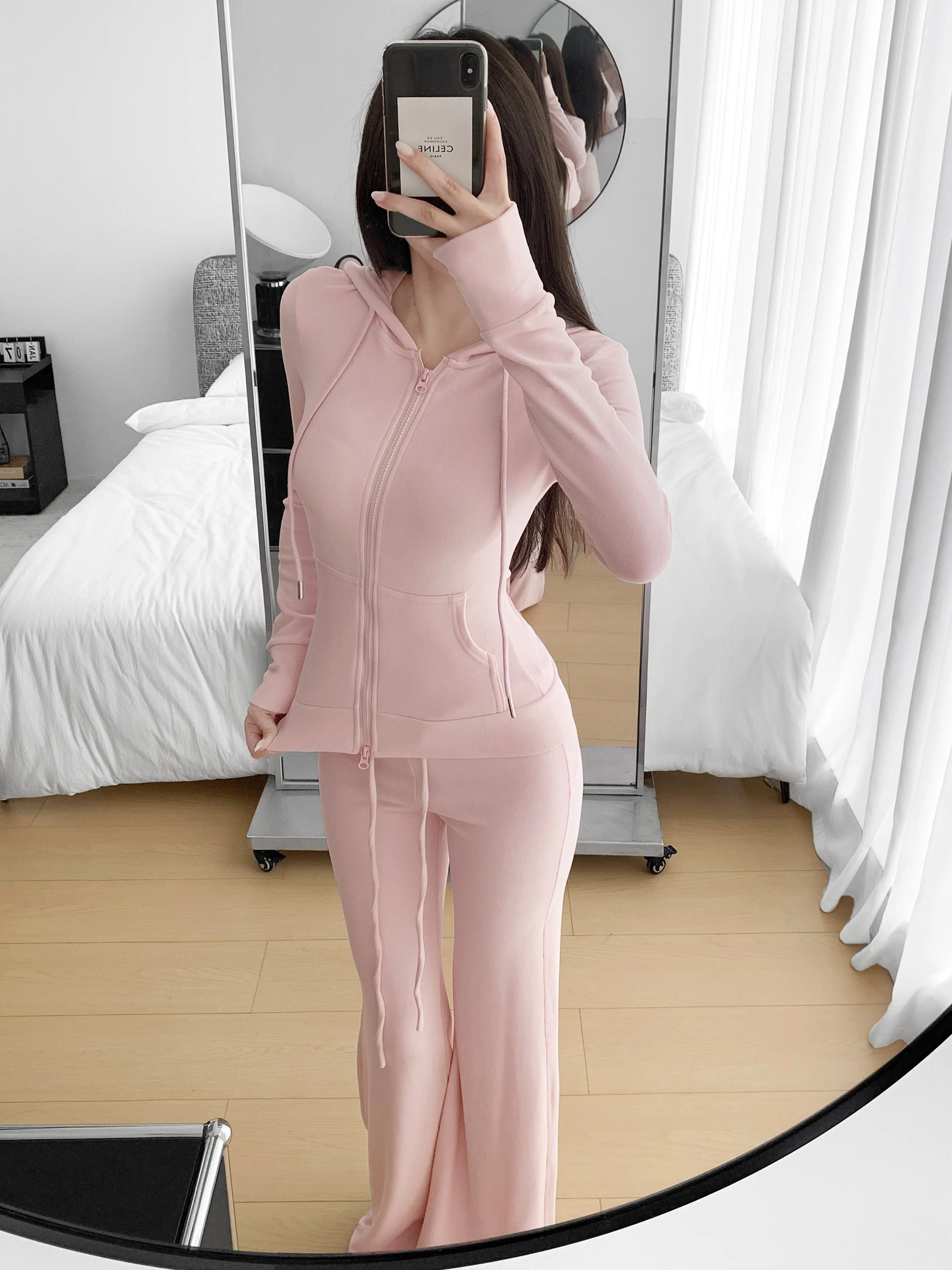 Slimming Pure Desire Paper Figure Set High Waist Velvet Zipper Hoodie Micro Flared Pants Women's Casual Sportswear Ensemble