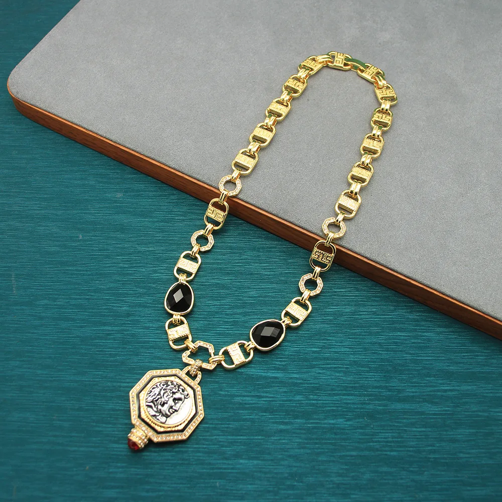 Vintage Coin Jewelry Set Black CZ Octagon Replica Coin Necklace Drop Earrings Women Retro Party Statement Jewelry