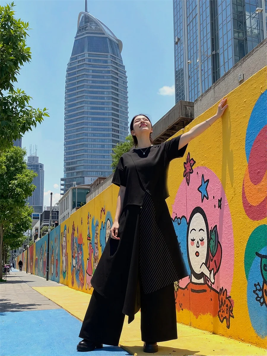 سراويل نسائية كاجوال بجيوب سوداء مرقعة موضة نسائية متباينة الألوان تصميم كتلة ملابس الشارع العصرية فضفاضة عالية الخصر مستقيمة #1