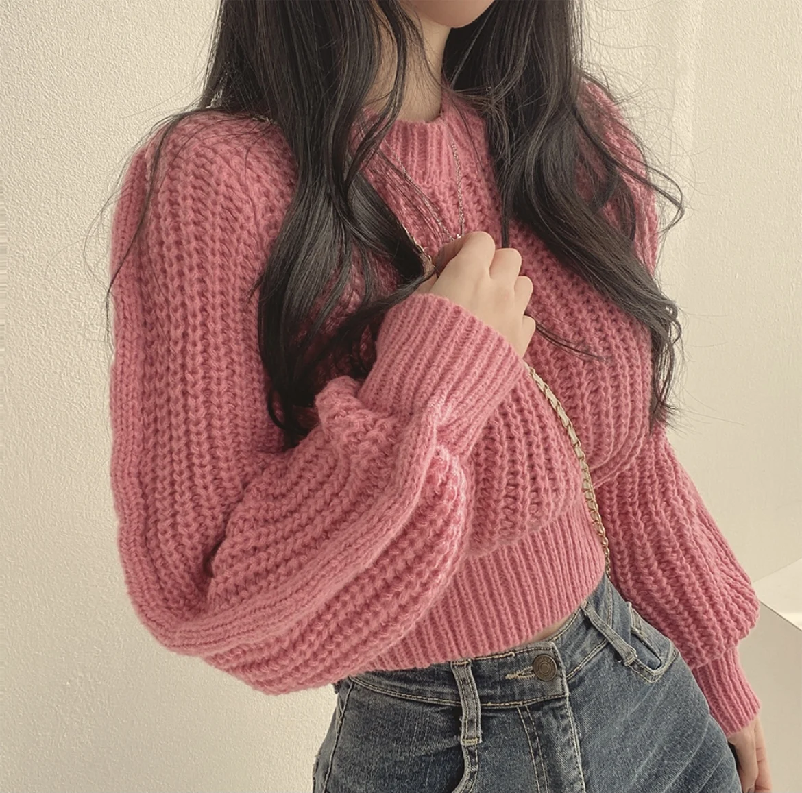 Round Neck Thickened Short Knitted Pullovers Women Fall Winter Loose Casual Long Sleeve Sweaters Top 4 Colors