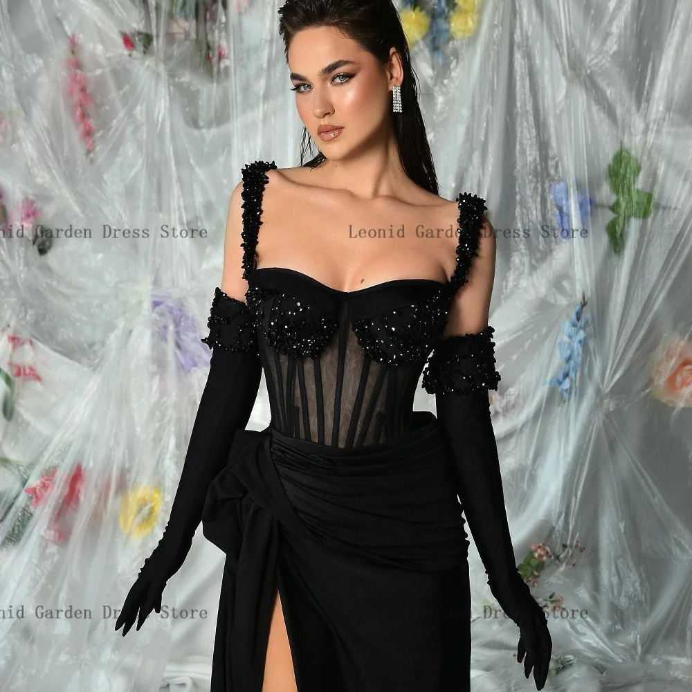 Sexy Black Formal Evening Dresses Sweetheart Neck Mermaid Prom Gowns Beads Pleat High Slit Celebrity Party Dress فساتين السهرة