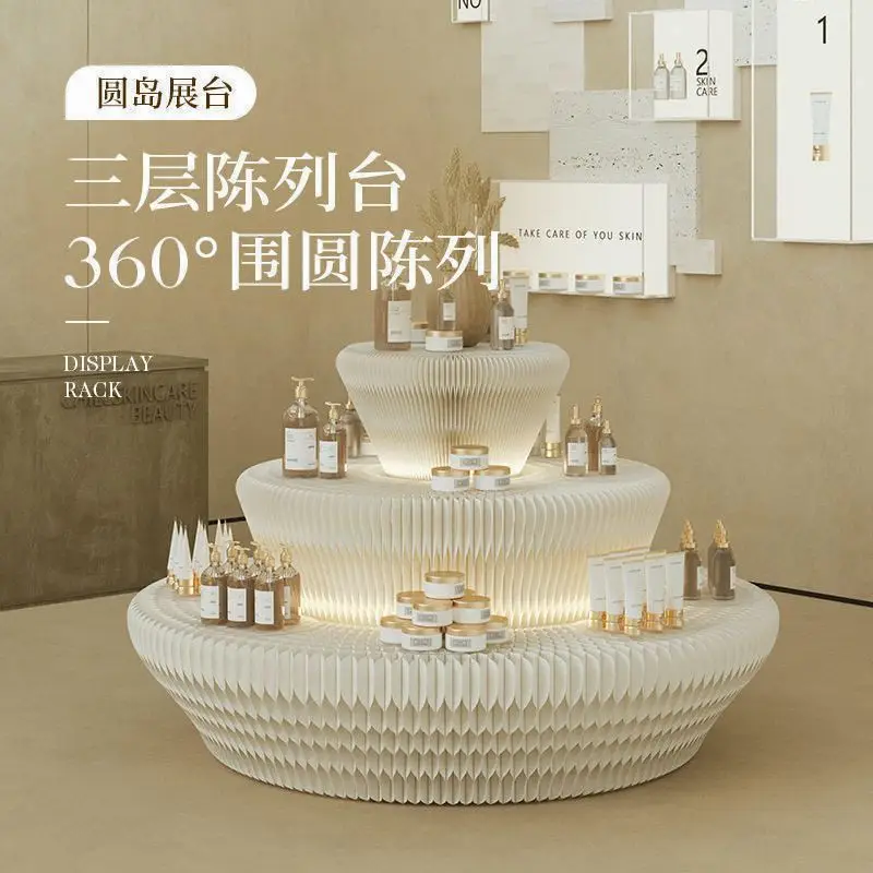 Foldable 3-Tier Round Display Stand with LED Light Eco-Friendly Space-Saving Island Display Table for Home Furniture Decor