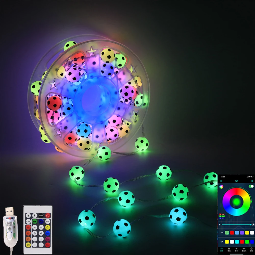 

App Control 10M 100Leds RGB Football String Lights USB Powered LED Soccer Ball Garland Fairy Lights for Home Theme Party Decor