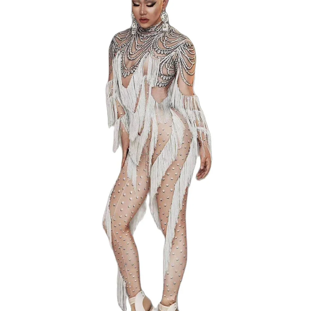 Women Drag Queen Party Clothing Stage Singer Costume Pole Dance Wear Long Sleeves White Printing Tassel Sexy Nude Jumpsuits