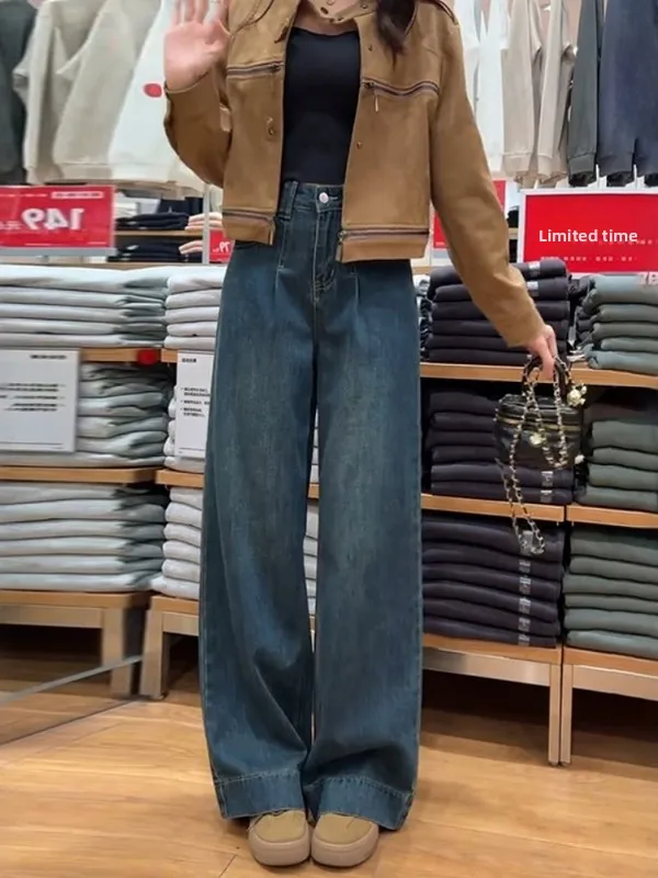 

Thickened Fleece High Waist Wide Leg Jeans Women's Retro Style Spring New plus Size Slimming Long Pants Commute Fashion