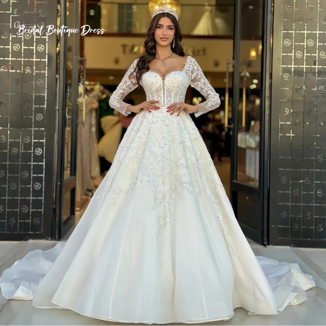 Aangepaste luxe a-lijn dames lange jurken met elegante lange mouwen godin satijnen bruid feest bruiloft baljurk trian