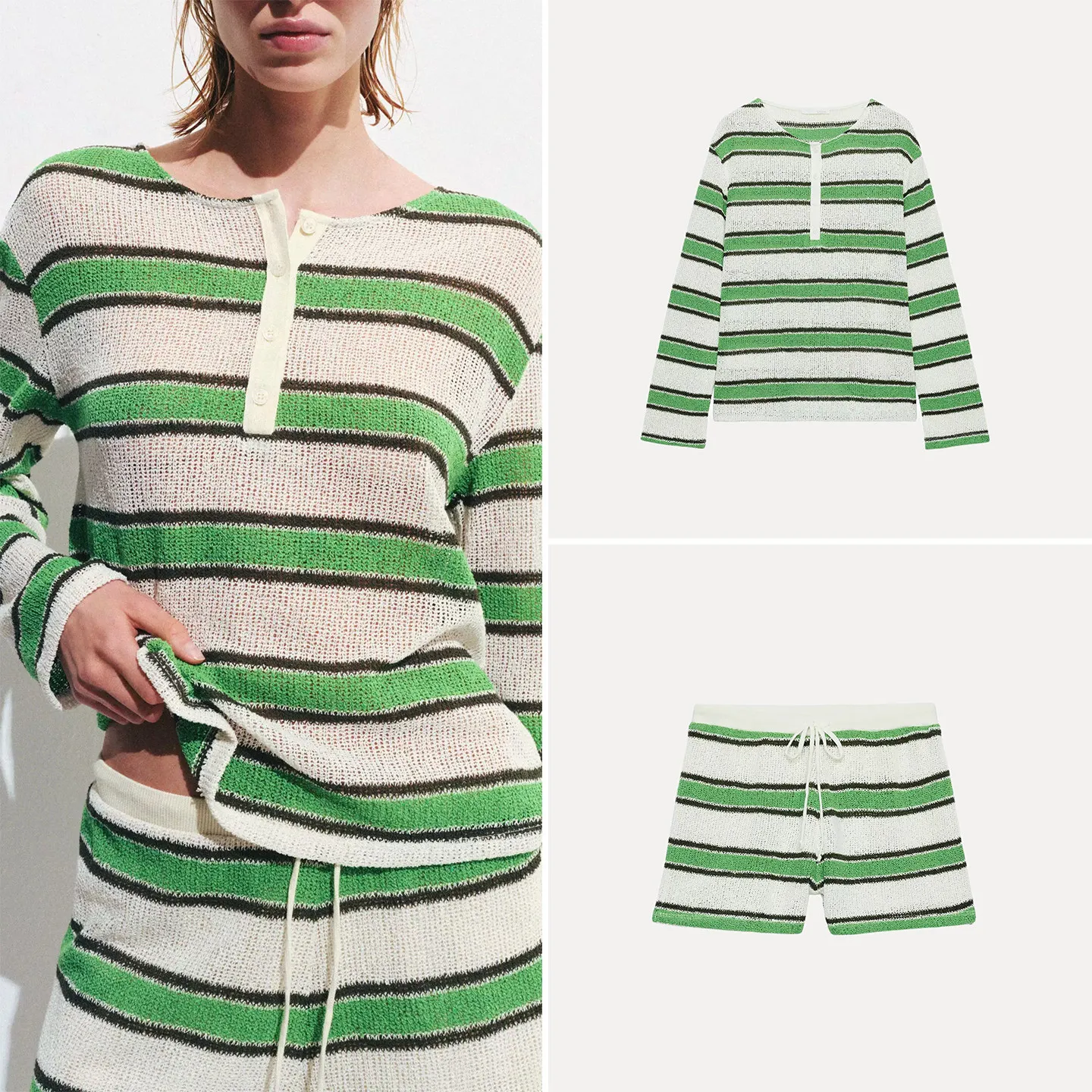 Women's round Neck Button Hollow T-Shirt Cover up Striped Short Pants Summer Fashion Set Long Sleeve Stripe Patterned Outfit