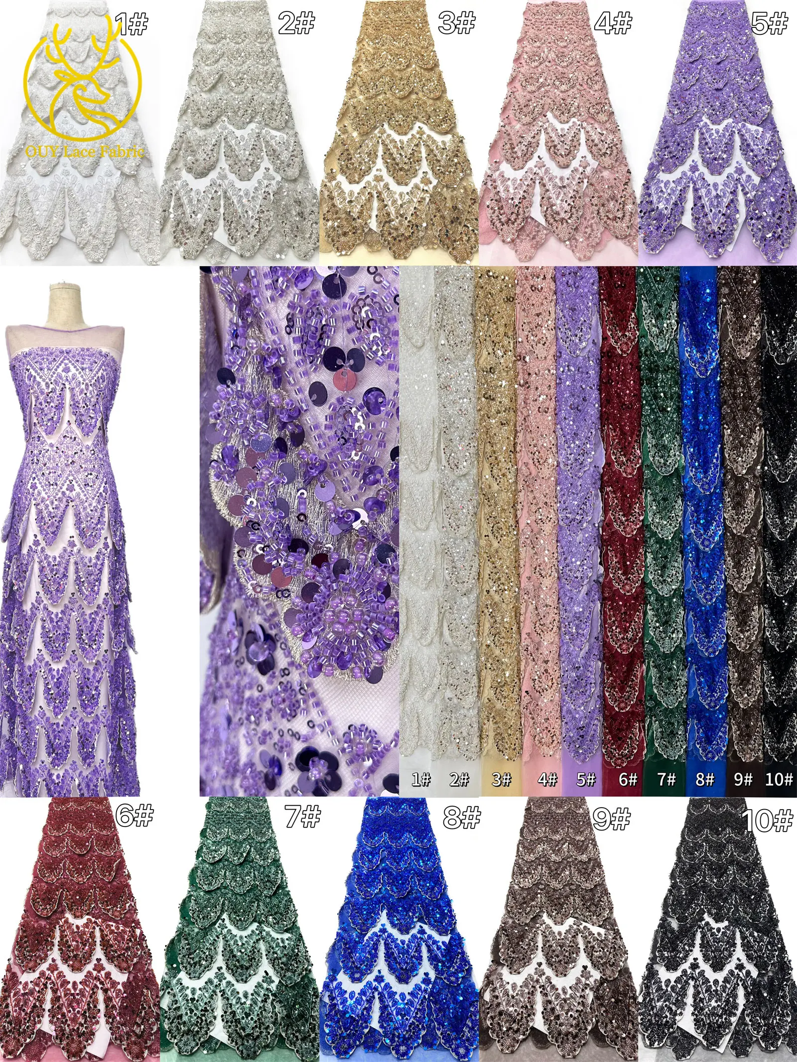 Hochwertiger luxuriöser französischer 3D-handbestickter Perlen-Spitzenstoff, 5 Yards, afrikanischer nigerianischer Pailletten-Spitzenstoff für Braut- und Partykleider – Detail 3