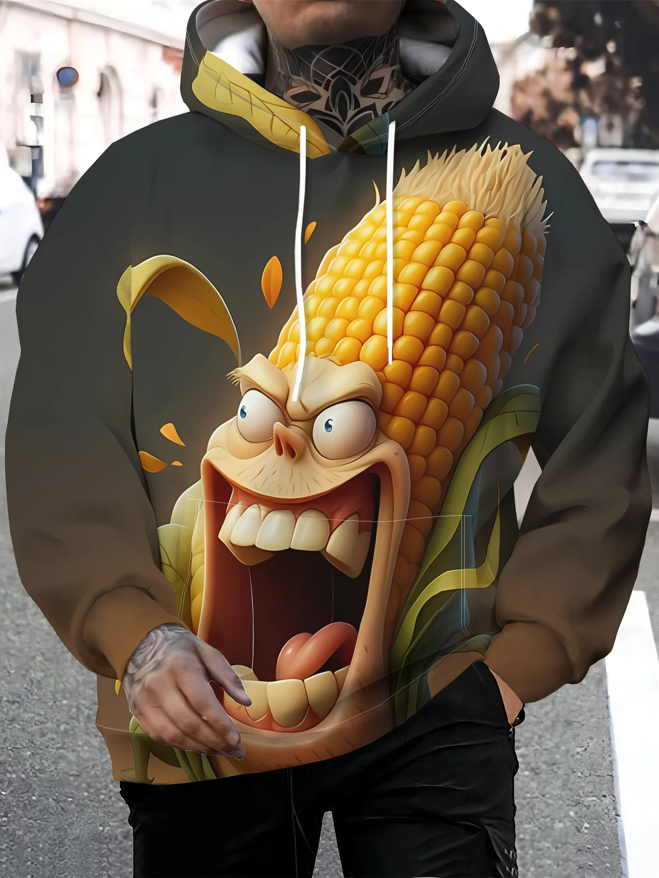 Men Dark Gradient Background Angry Cartoon Corn Character 3D Print Drawstring Hoodie With Pocket