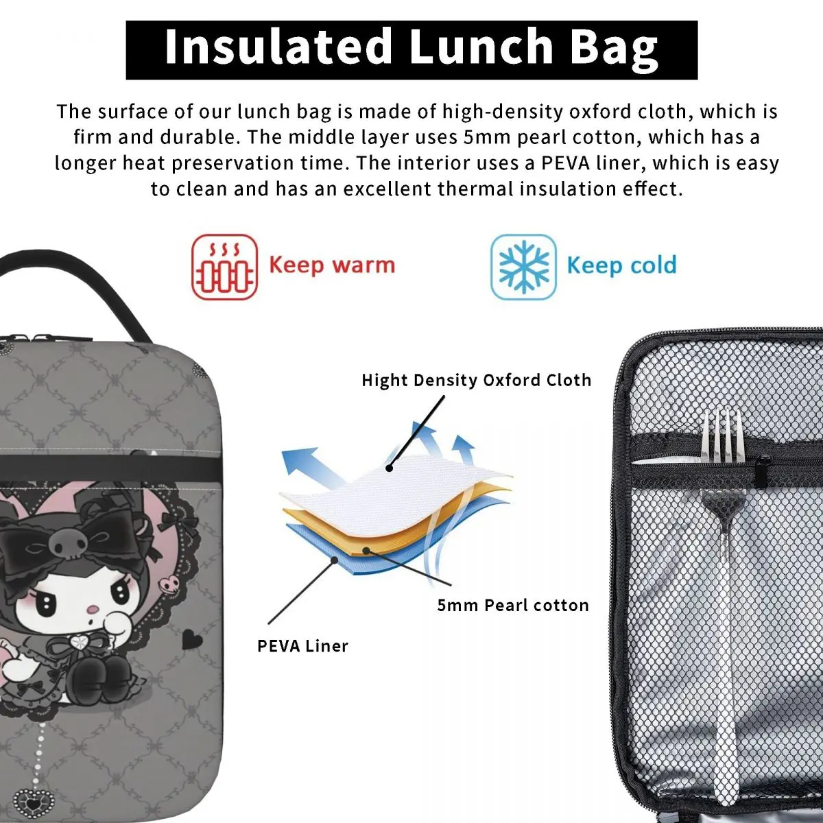 Custom Melody Kuromi Cartoon Lovers borsa da pranzo isolata per le donne borsa termica termica termica Bento Box Beach Camping Travel