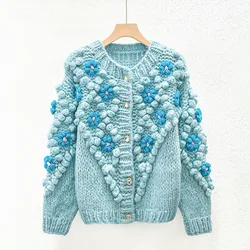 Cardigan Hand-crocheted Stick Needle Fur Ball Knitted Coat Embroidery Hook Floral Sweater Autumn/Winter Woman Clothing