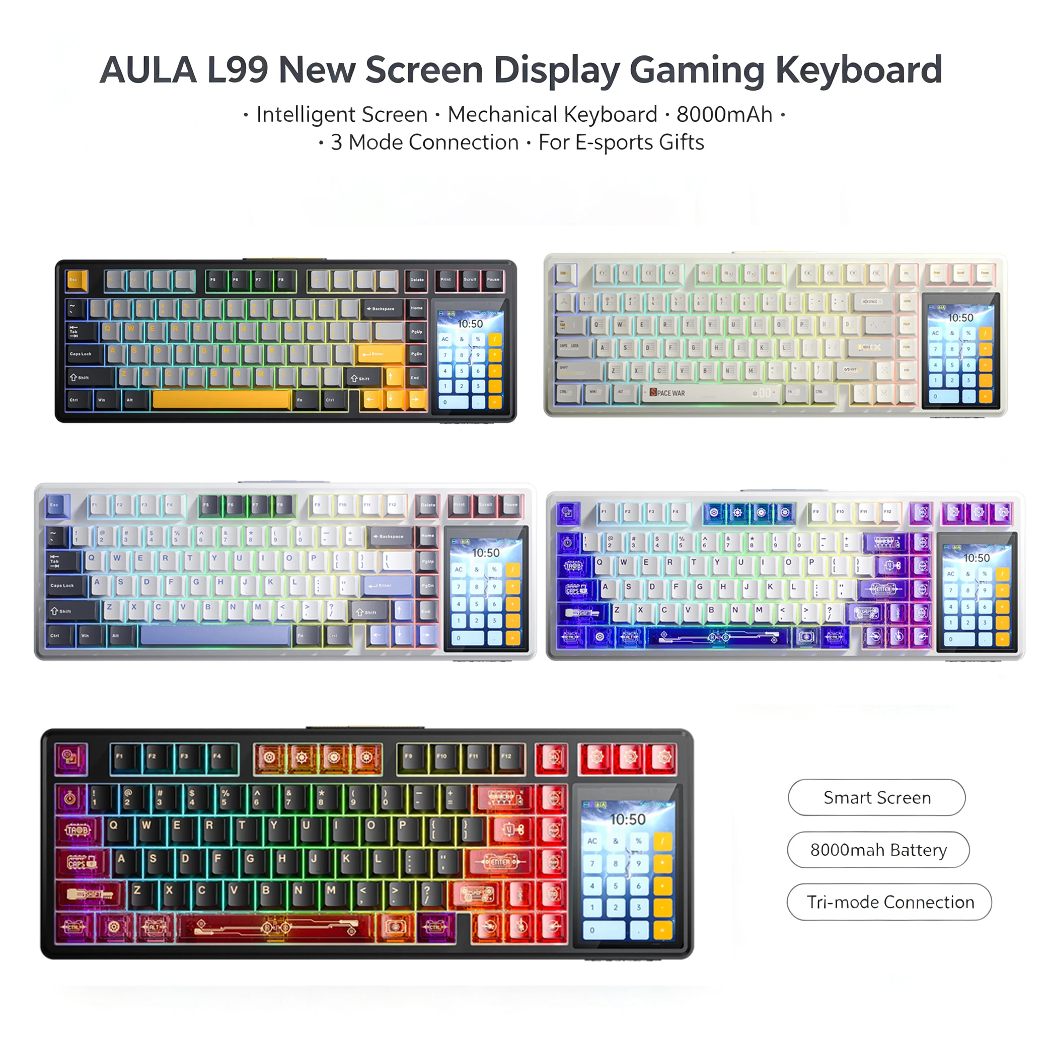 AULA L99 New Screen Display Gaming Keyboard Intelligent Screen Mechanical Keyboard 8000mAh 3 Mode Connection For E-sports Gifts