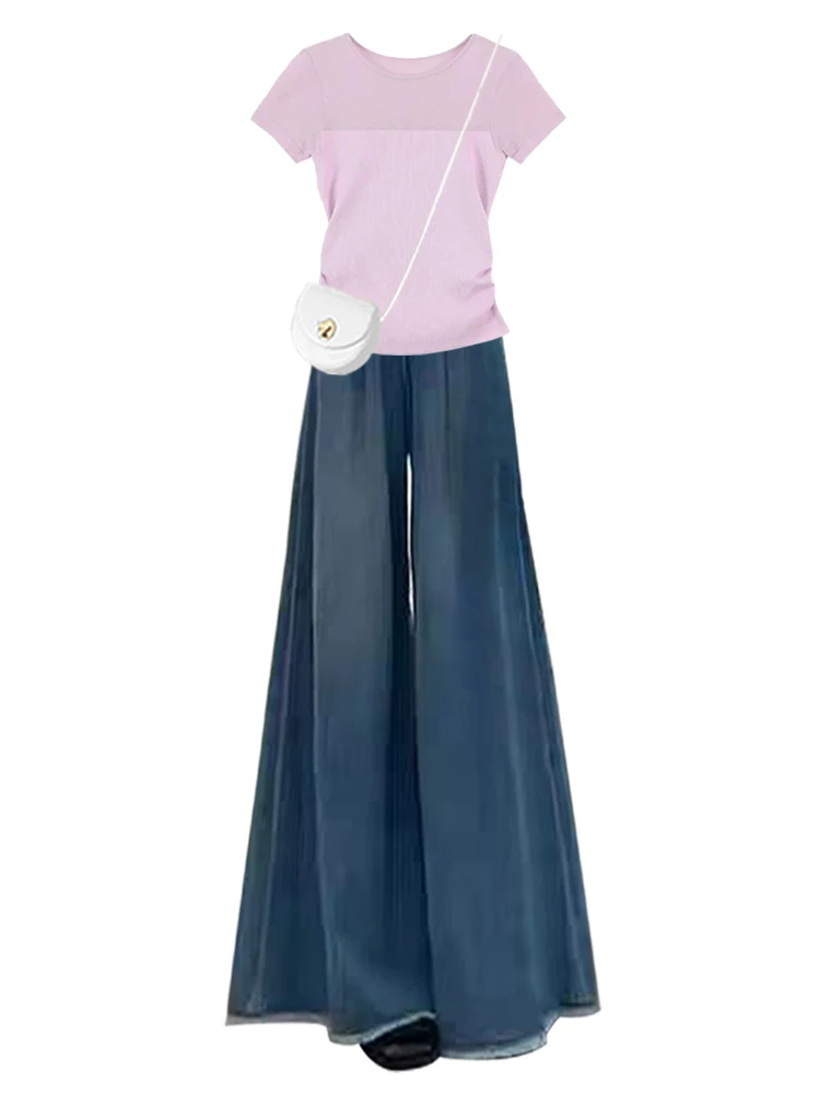 スリムフィットニットTシャツ レディース サマー2025新作 ハイエンド感ジーンズパンツ カジュアルスリーピースセット