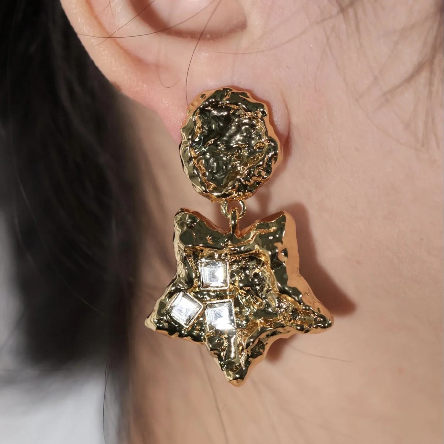Vintage Hammered Star Drop Earrings Gold Plated Irregular Texture Square Cubic Zirconia Women Ear Jewelry