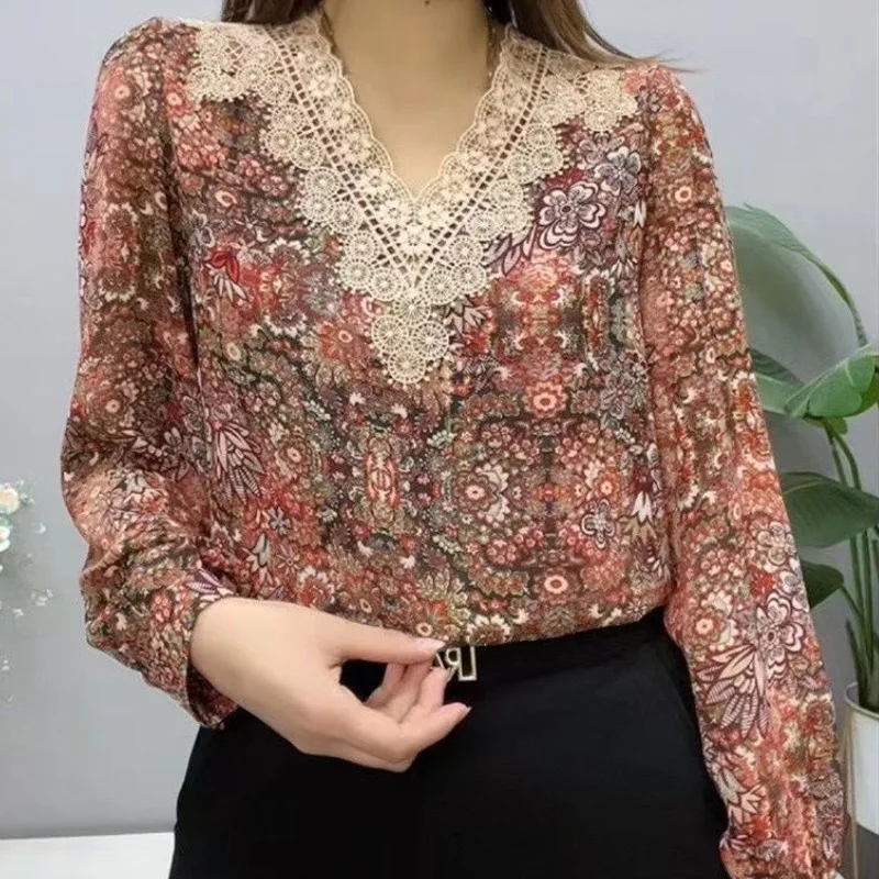 Blusa de chifón holgada de manga larga con cuello de pico para mujer, camisa de retazos de encaje con estampado informal, ropa elegante para