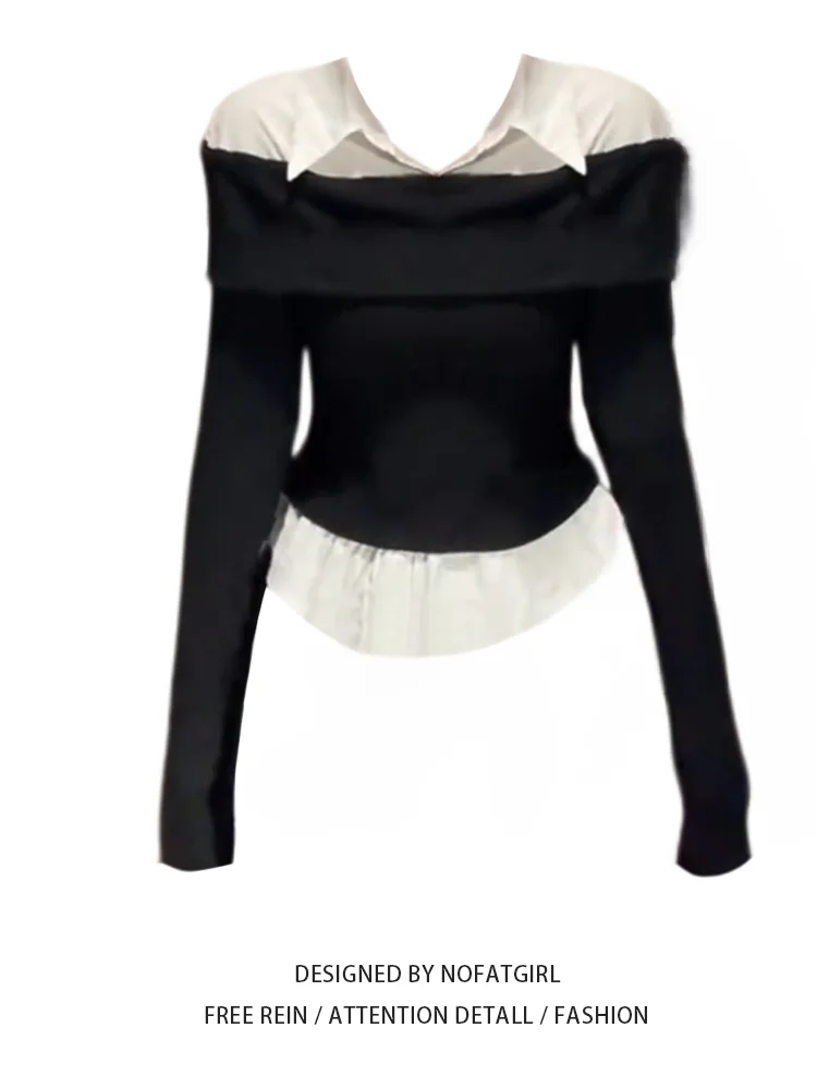 

plus Size Slimming Long Sve irt Korean Design Ele Two-Piece Look Early Spring Faionable Top for Plump Sister