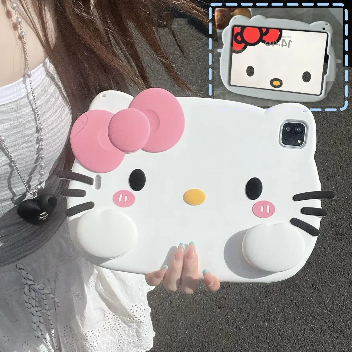 Funda Protectora de Silicona Kawaii Sanrio HelloKitty para iPad 11 Air5 6 Mini6 10.2, Protección Total con Ranura para Lápiz, Regalos de Anime y Dibujos Animados