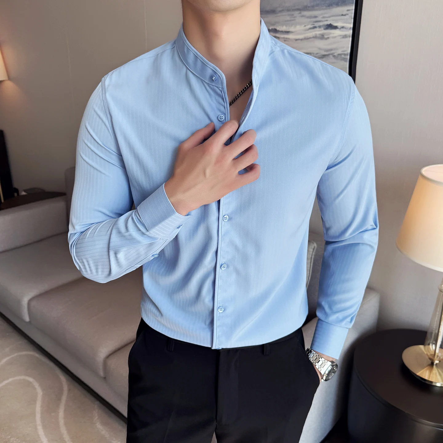 

High Quality Solid Color Stand Up Collar Shirt for Men Autumn Winter Long Sleeve Casual Shirts Versatile Social Uniform Shirt