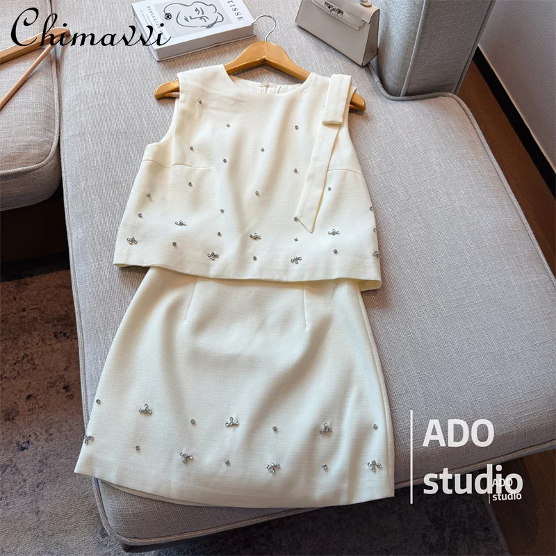 

High-end 2025 Summer Clothes New Heavy Industry Beaded Sleeveless Vest Top + Short Skirt Two-piece Elegant Women's Outfits