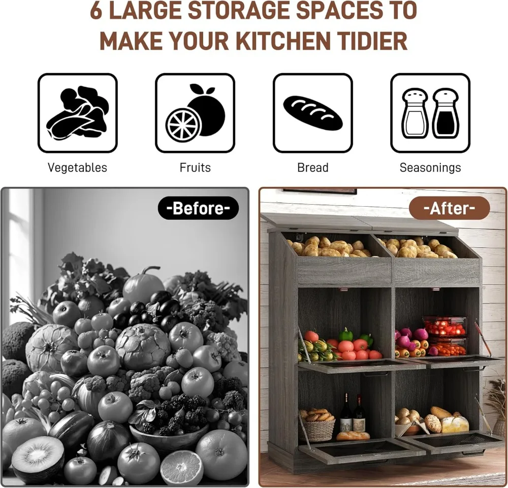 صندوق خبز خشبي كبير مع 6 صناديق تخزين و4 أبواب شبكية للخضار والبصل والبطاطس #6