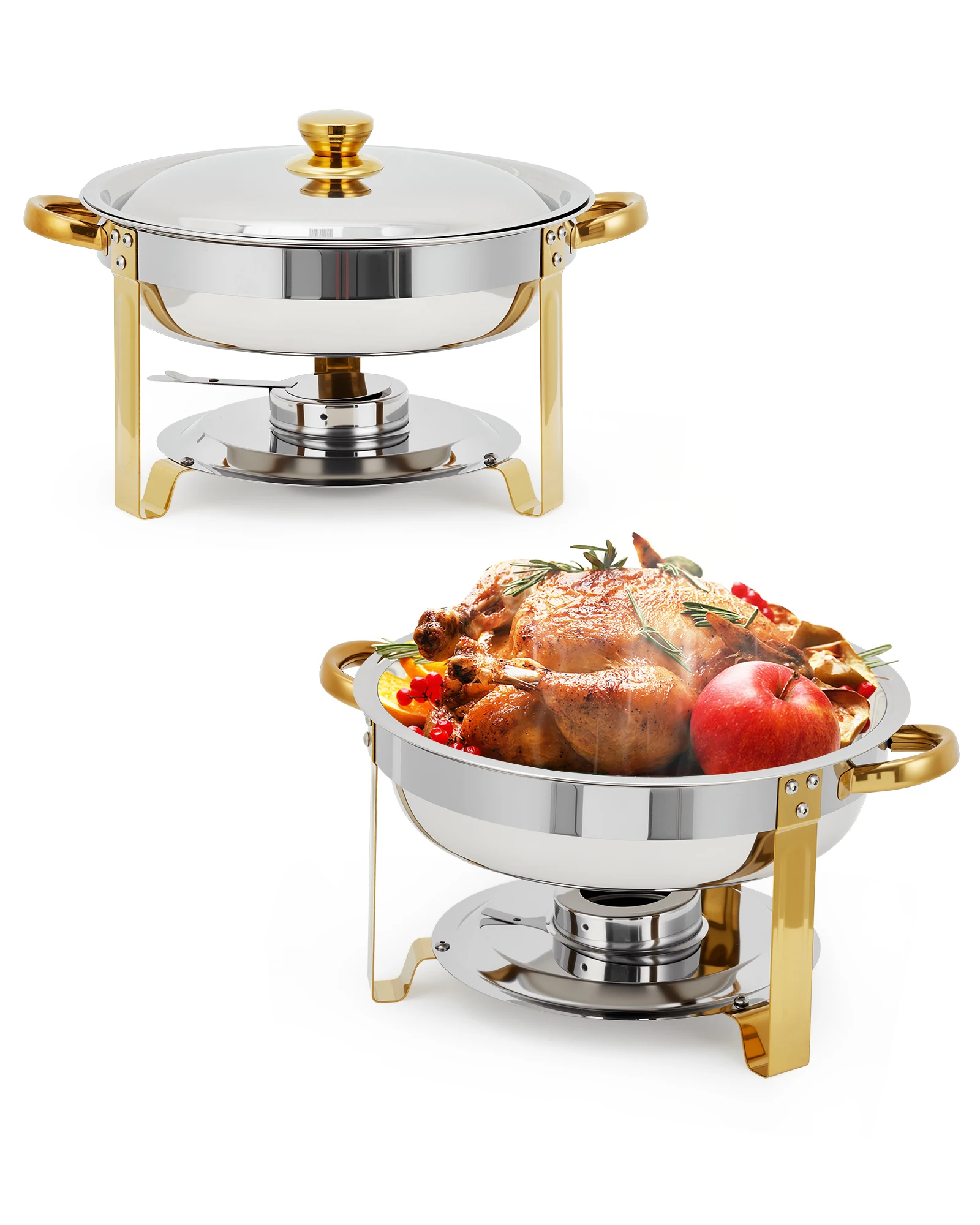 `5QT Stainless Steel Chafing Dish Buffet Warmer, Round Food Warmer with Gold Frame, Lid, Fuel Holder and Water Pan for Wedding Party Picnic`