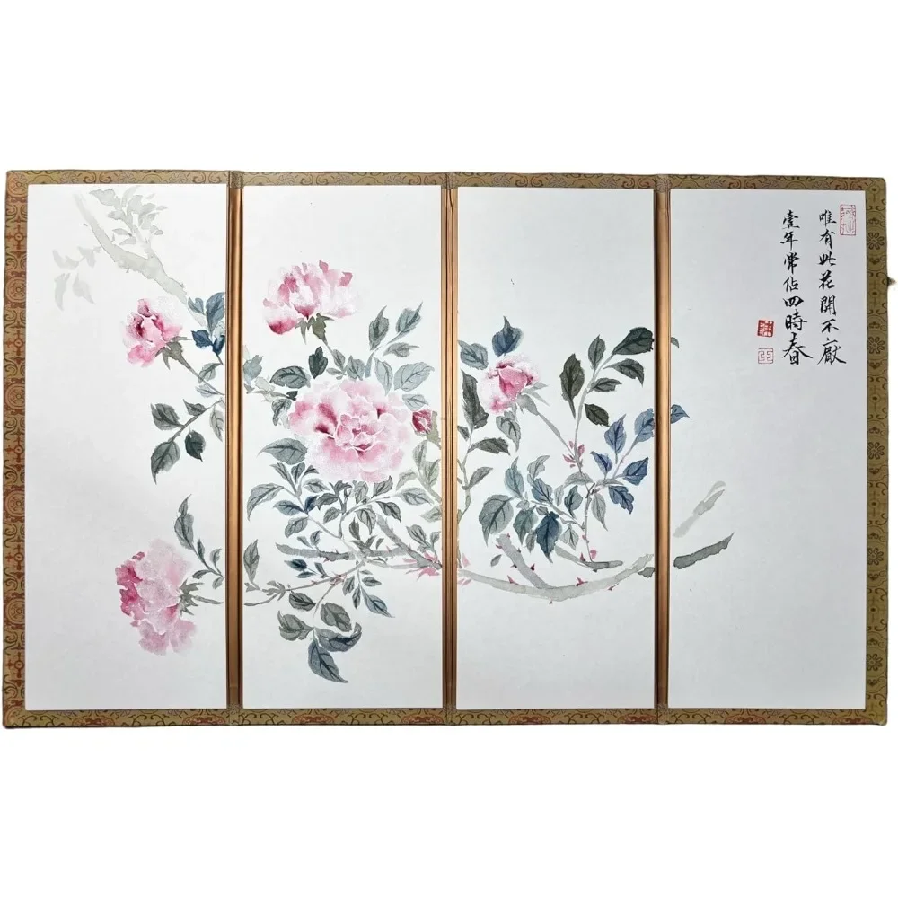 Pintura china pintada a mano y caligrafía, decoración del hogar, pantalla divisoria plegable (rosa chinensis), pintura china móvil scr
