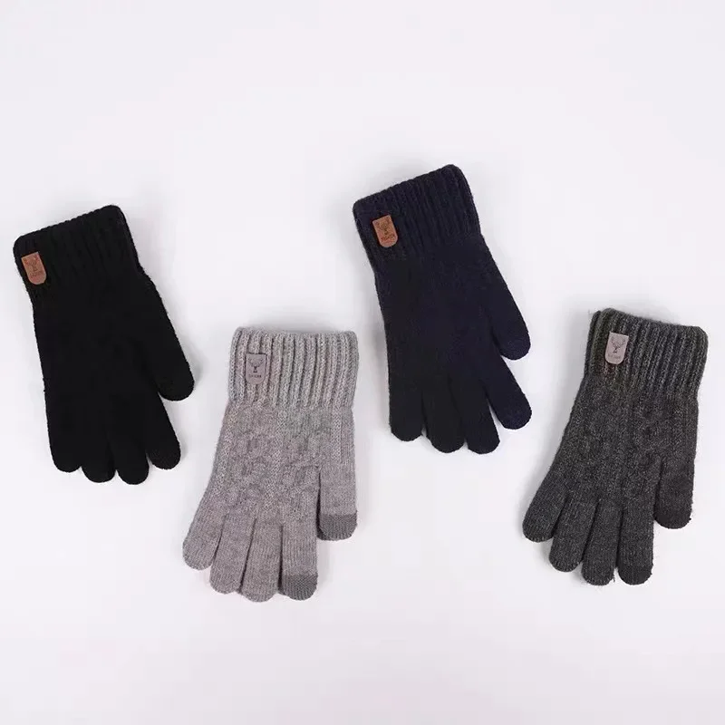 2024 New Men\'s Warm Gloves Winter Touch Screen Plus Fleece Gloves Cold Warm Wool Knitted Gloves