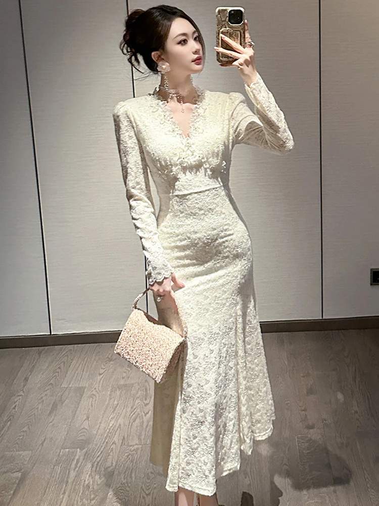 여성의 부드러운 우아한 긴 드레스 여성을위한 달콤한 연예인 화이트 다이아몬드 쉬어 레이스 Fishtail 가운 여성 파티 연회 Vestidos