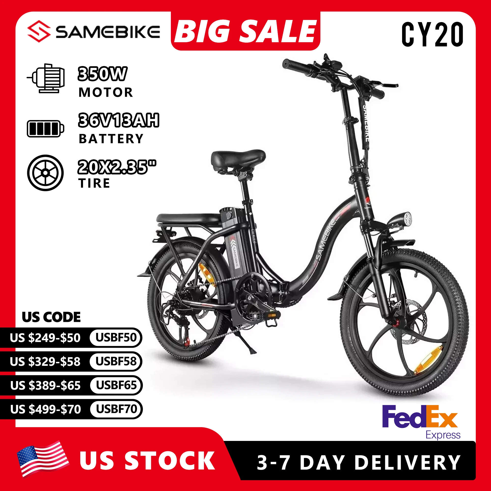 

SAMEBIKE E-bike CY20 36V12AH Removable Battery City Road Electric Bike Adult 20-inch Tire Road Mountain Folding Electric Bicycle