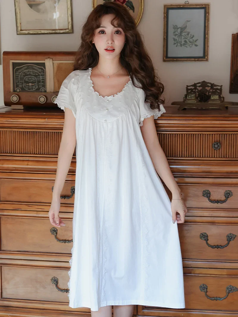 Women Summer Korean Sweet Girl Lolita Nightgowns Ruffles Short Sleeve Fairy Pajama Sleepwear Princess Victorian Nightdress