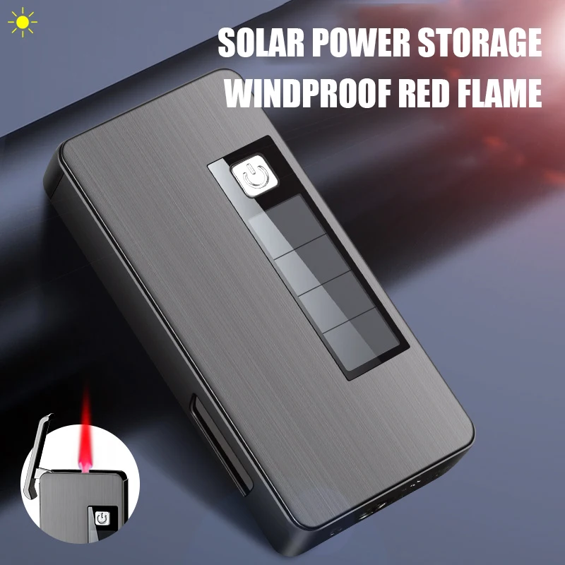 New Metal Solar Charging Windproof Lighter Personalized Visible Gas Window Butane Gas Inflatable Lighter Smoking Gift Tool