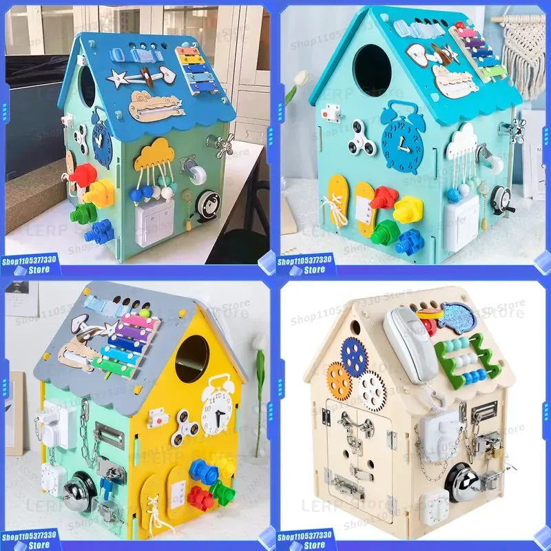 Montessori Wooden Busy Board House with Lock Puzzle and Steering Wheel Early Education Toy for Baby Toddler Sensory Play